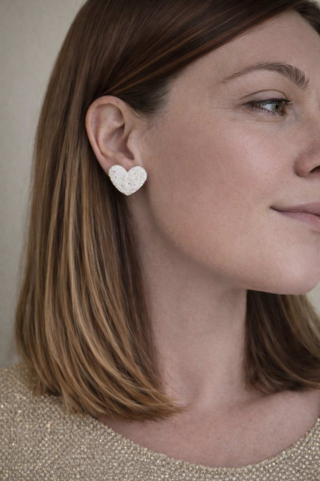White heart earrings with gold leaf and fabric texture