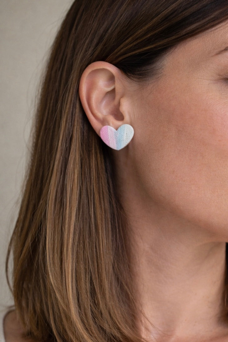 Pastel heart earrings with fabric texture