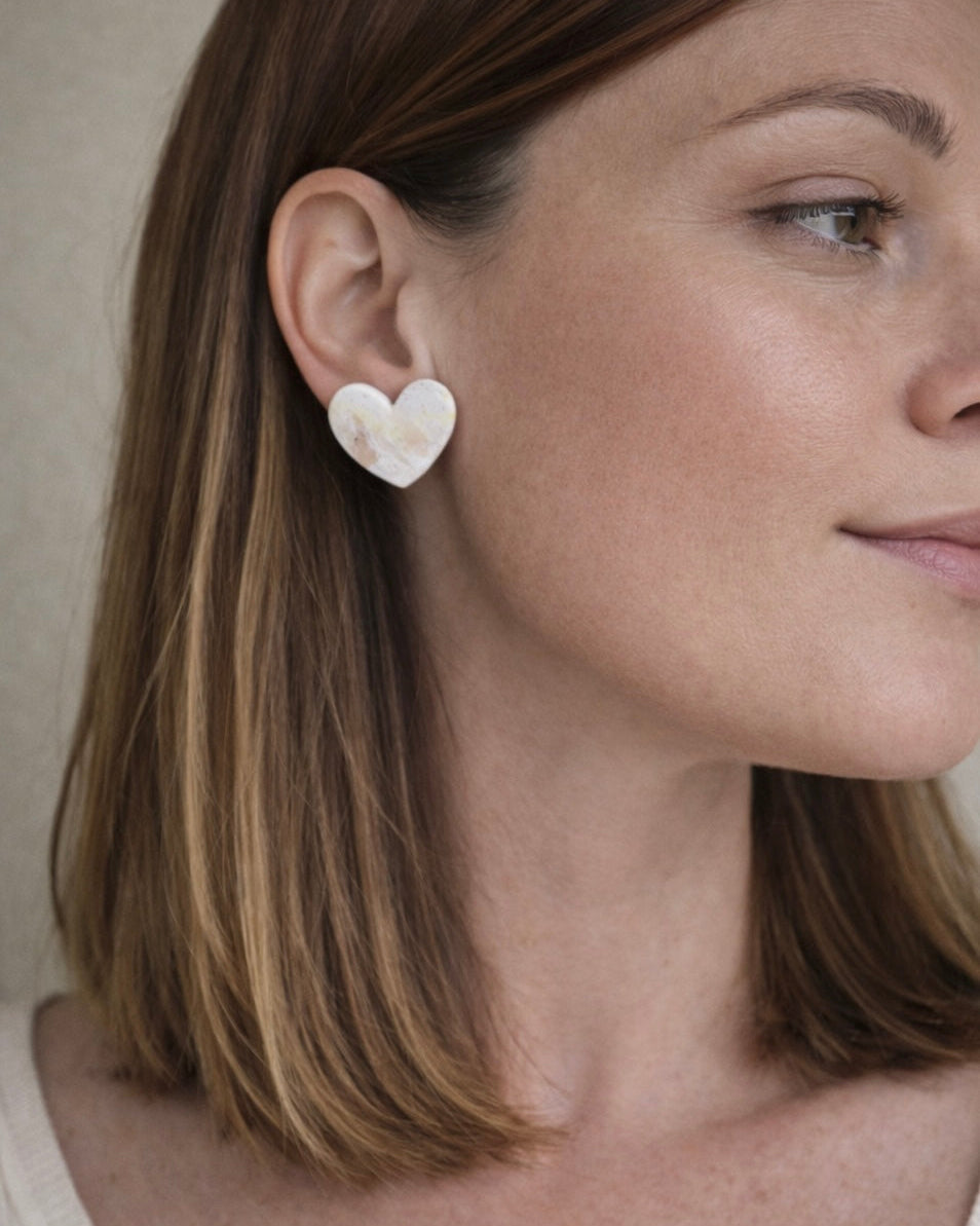 Handcrafted white and pink marbled heart earrings