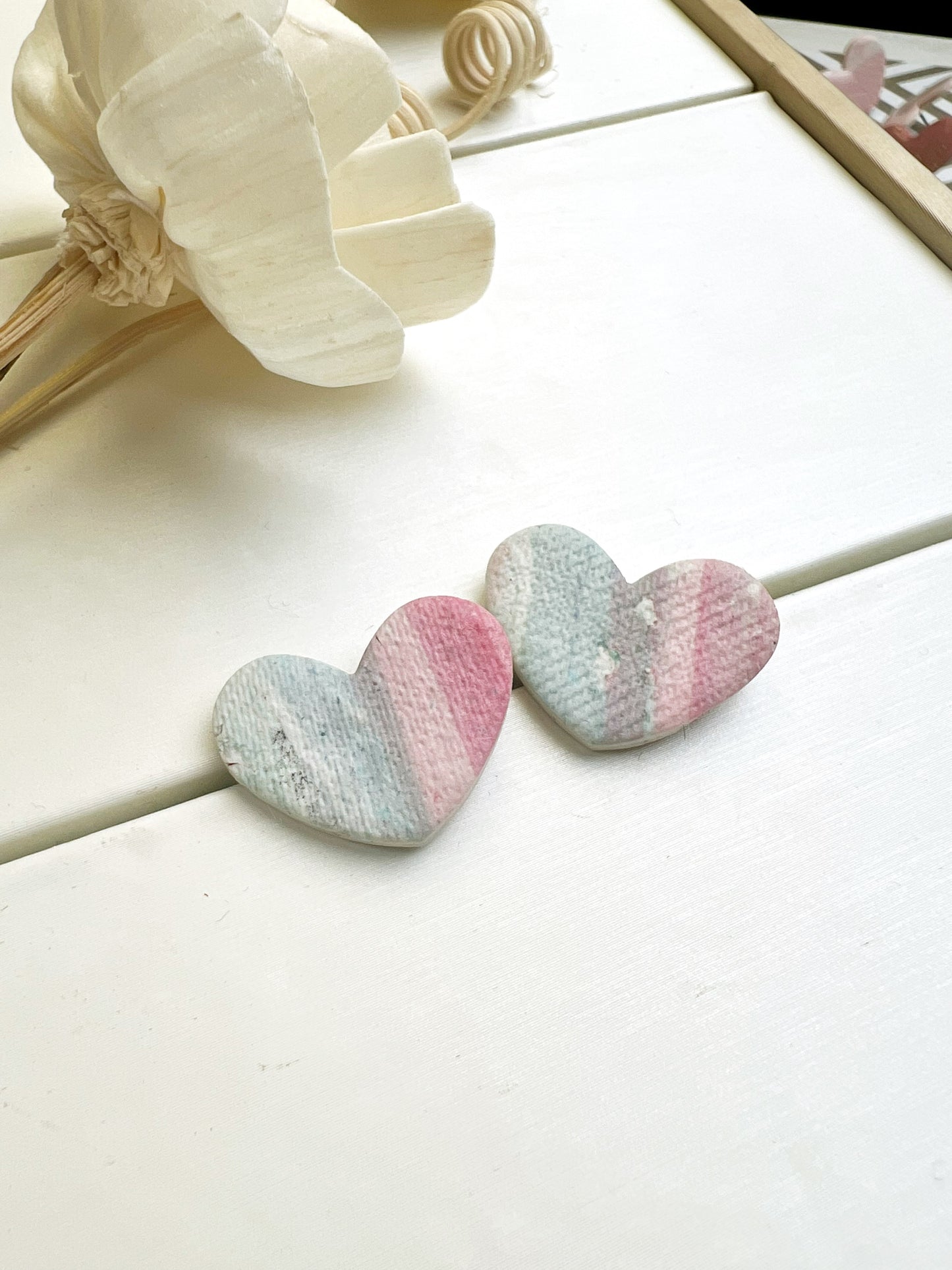 Pastel heart earrings with fabric texture