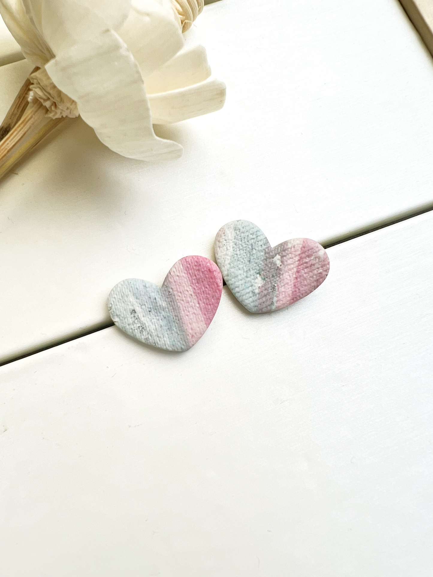 Pastel heart earrings with fabric texture